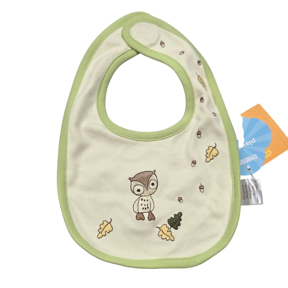 Gymboree Cozy Critters Baby Bib Owl Acorn Leaf Cotton Green White Snap 2004 NEW